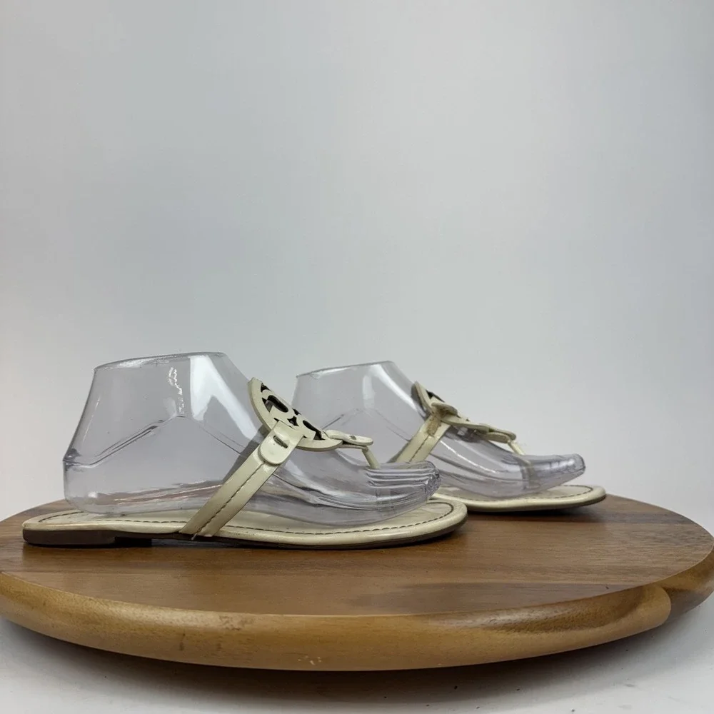 Womens Tory Burch Miller Thong Beige Leather Flip Flops Shoes Sandals Size 8.5 M